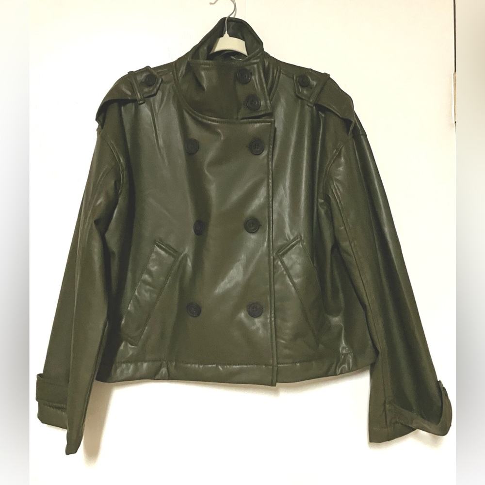 American Eagle Olive Green Cropped
Trench Vegan Leather Jacket : XS (runs big)